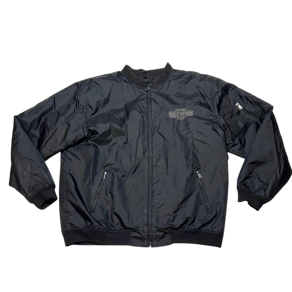Harley-Davidson Bomber Jacket Embroidered Logo Tall 2XL Black Nylon Soft Shell